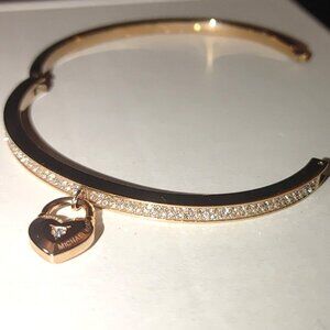 Michael Kors Rose Gold Tone Crystal Pavé Hinged Bangle Bracelet Love Heart Charm
